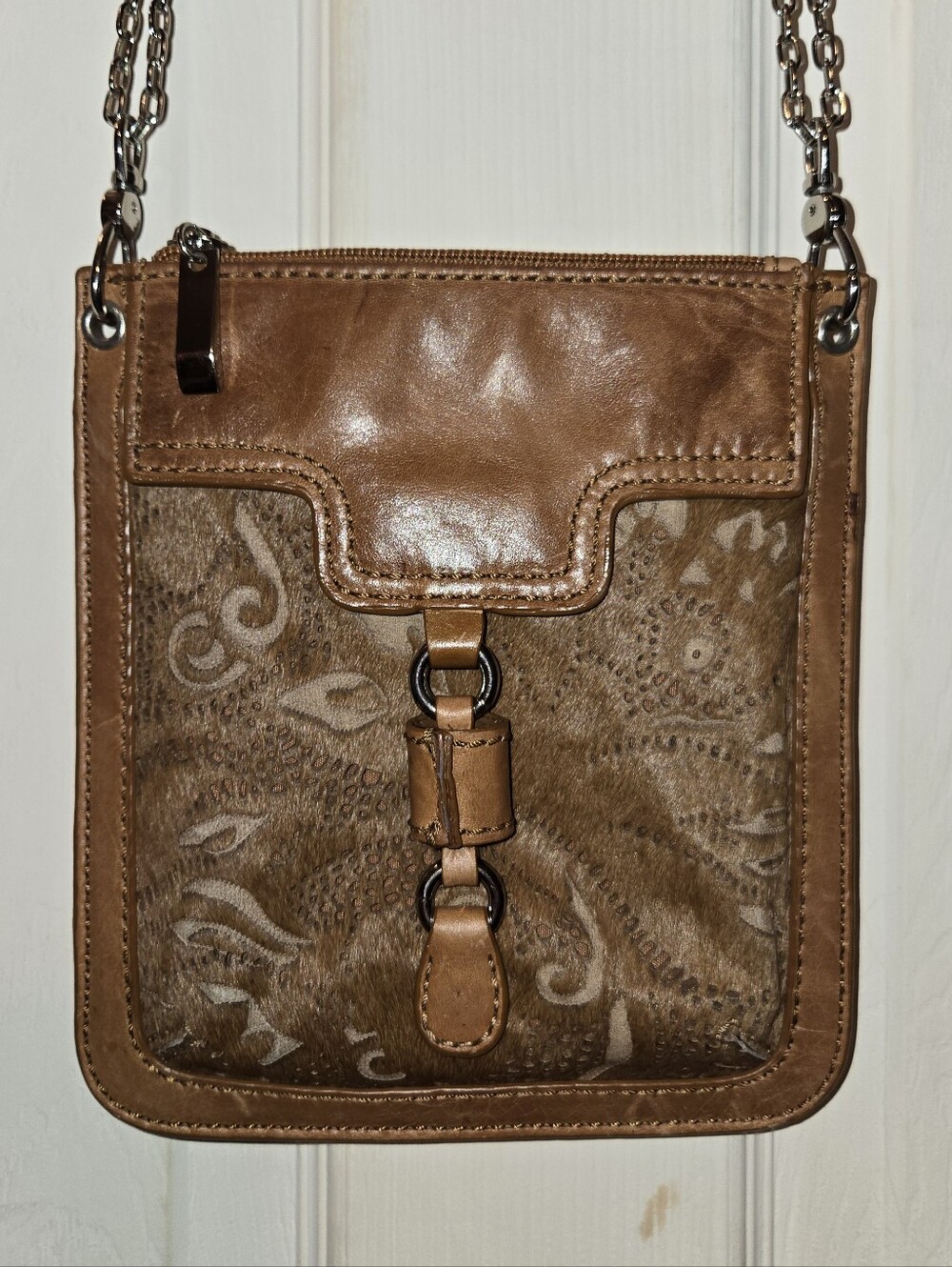 Barneys New York Tan Brown Suede and Leather Crossbody Bag with Chain Strap